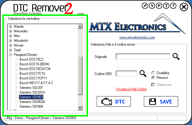 MTX_Electronics_DTC_Remover_selezione_marchio_e_centralina